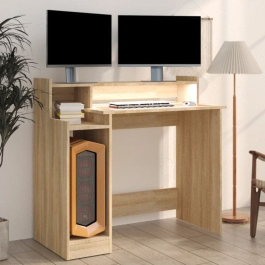 Escritorio vidaXL Campoamor madera contrachapada con LED y USB, diseño moderno, resistente humedad
