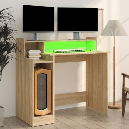 Escritorio vidaXL Campoamor madera contrachapada con LED y USB, diseño moderno, resistente humedad