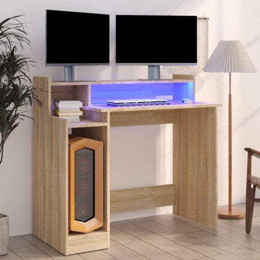 Escritorio vidaXL Campoamor madera contrachapada con LED y USB, diseño moderno, resistente humedad
