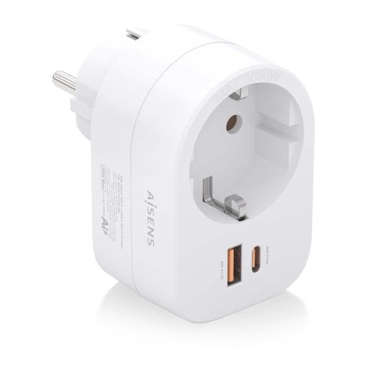 Regleta de pared Aisens 1 Schuko 1 USB-C 20W PD 3.0 1 USB-A 20W QC 3.0 GaN Blanco