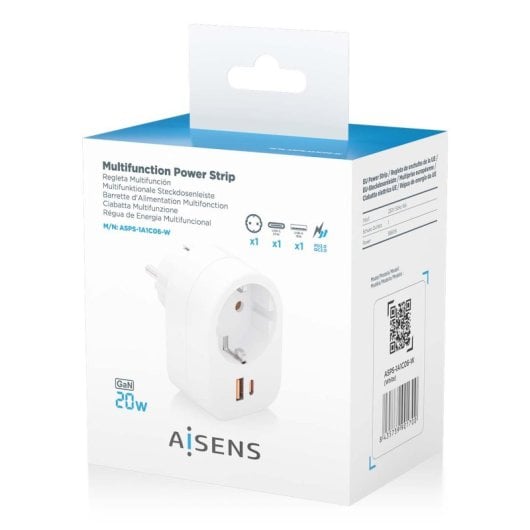 Regleta de pared Aisens 1 Schuko 1 USB-C 20W PD 3.0 1 USB-A 20W QC 3.0 GaN Blanco