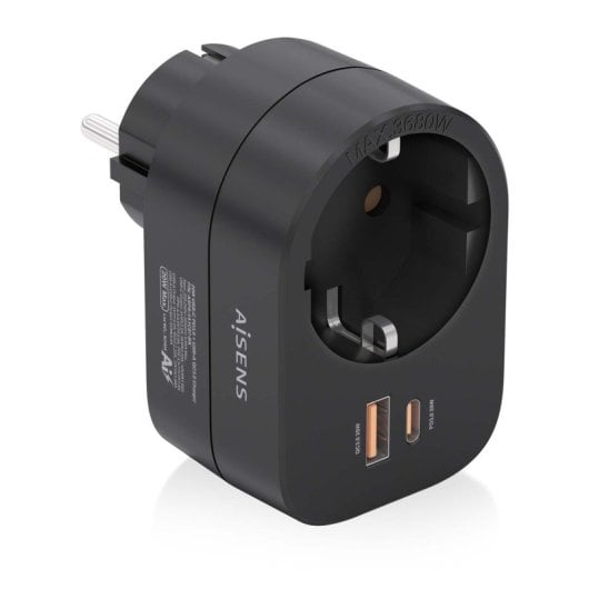Multipresa da parete AISENS PRPW1P-032C con presa USB-C PD3.0 da 20 W, USB-A QC3.0 da 20 W e Schuko, nera