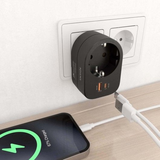 Régua de tomadas AISENS PRPW1P-032C 1 tomada USB-C 20W USB-A 20W Proteção GaN PPS