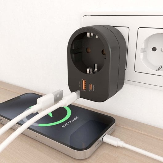 Multipresa da parete AISENS PRPW1P-032C con presa USB-C PD3.0 da 20 W, USB-A QC3.0 da 20 W e Schuko, nera