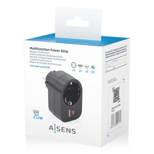 Multipresa da parete AISENS PRPW1P-032C con presa USB-C PD3.0 da 20 W, USB-A QC3.0 da 20 W e Schuko, nera