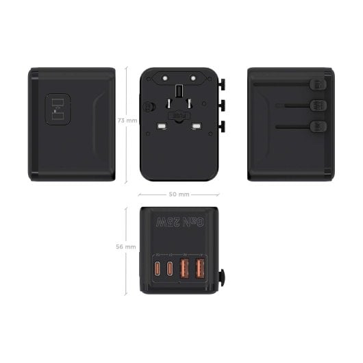 AISENS GaN Universal-Reiseadapter 2xUSB-A QC3.0 2xUSB-C PD3.0 25W Schwarz
