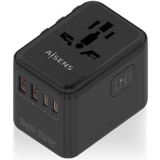 AISENS GaN Universal-Reiseadapter 2xUSB-A QC3.0 2xUSB-C PD3.0 25W Schwarz