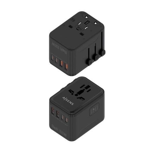 AISENS GaN Universal-Reiseadapter 2xUSB-A QC3.0 2xUSB-C PD3.0 25W Schwarz