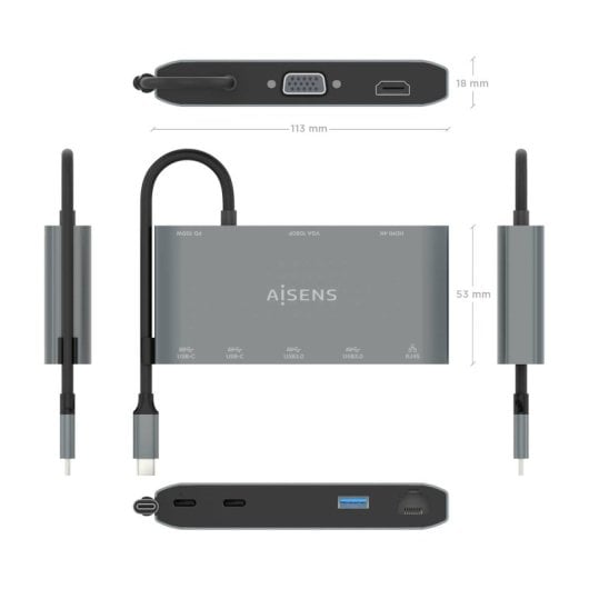 AISENS ASUC-8P010-GR Dock USB-C 8-em-1 com HDMI 4K, PD 100W e Gigabit LAN Alumínio