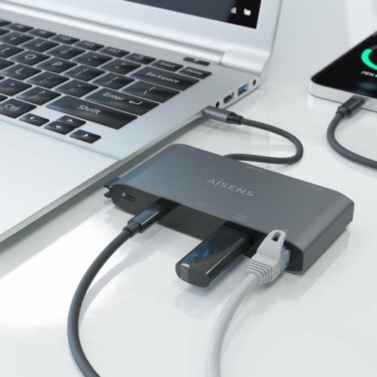 AISENS ASUC-8P010-GR Dock USB-C 8-em-1 com HDMI 4K, PD 100W e Gigabit LAN Alumínio
