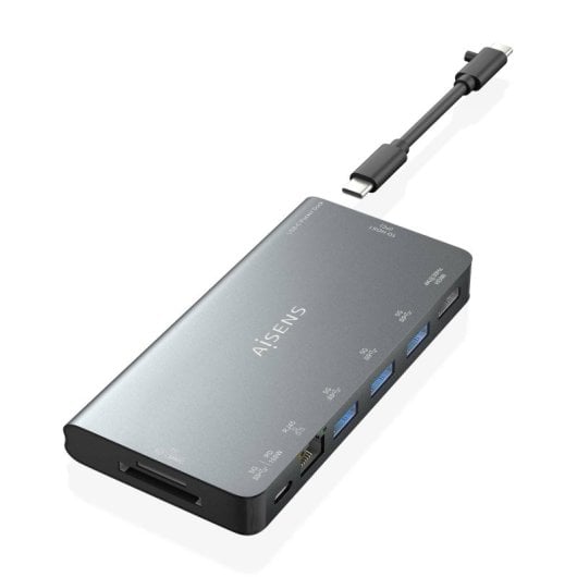 Aisens ASUC-8P015-GR Dock USB-C 8-em-1 HDMI 4K, RJ45, 3xUSB-A, SD/MicroSD, PD 100W Cinzento