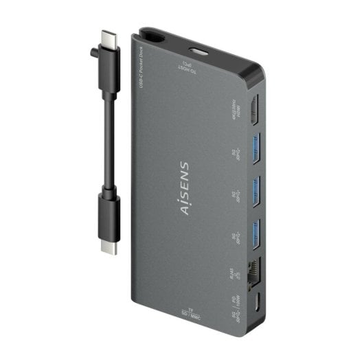 Aisens ASUC-8P015-GR Dock USB-C 8-em-1 HDMI 4K, RJ45, 3xUSB-A, SD/MicroSD, PD 100W Cinzento