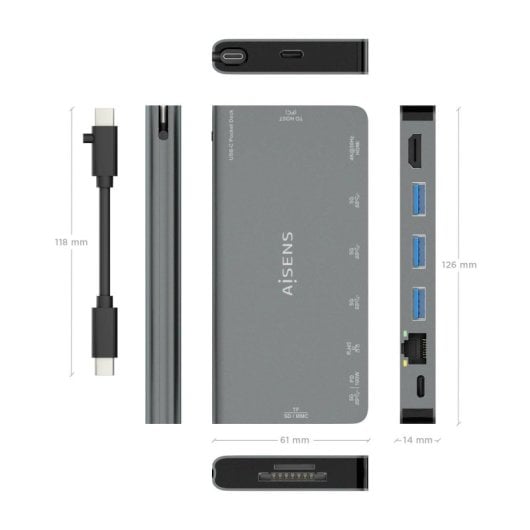 Aisens ASUC-8P015-GR Dock USB-C 8-em-1 HDMI 4K, RJ45, 3xUSB-A, SD/MicroSD, PD 100W Cinzento