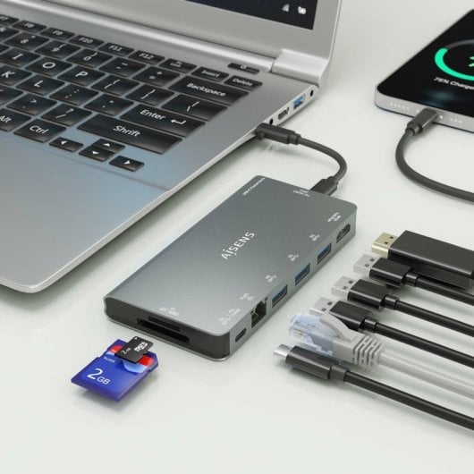 Aisens ASUC-8P015-GR Dock USB-C 8-em-1 HDMI 4K, RJ45, 3xUSB-A, SD/MicroSD, PD 100W Cinzento