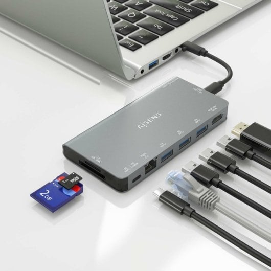 Aisens ASUC-8P015-GR Dock USB-C 8-em-1 HDMI 4K, RJ45, 3xUSB-A, SD/MicroSD, PD 100W Cinzento