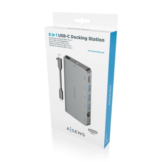 Aisens ASUC-8P015-GR Dock USB-C 8-em-1 HDMI 4K, RJ45, 3xUSB-A, SD/MicroSD, PD 100W Cinzento