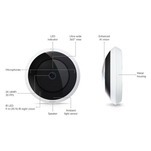 Câmara Ubiquiti AI 360 Dome PoE 4MP 1.8mm Visão 360° Exterior IPX4 IA IR