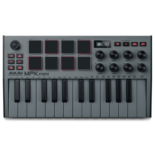 Tastiera MIDI USB Akai MPK Mini MK3 grigia a 25 tasti con pad e controlli rotativi