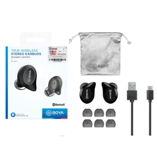 Cuffie intrauricolari wireless Bluetooth 5.0 BOYA con microfono e custodia USB-C (nere)