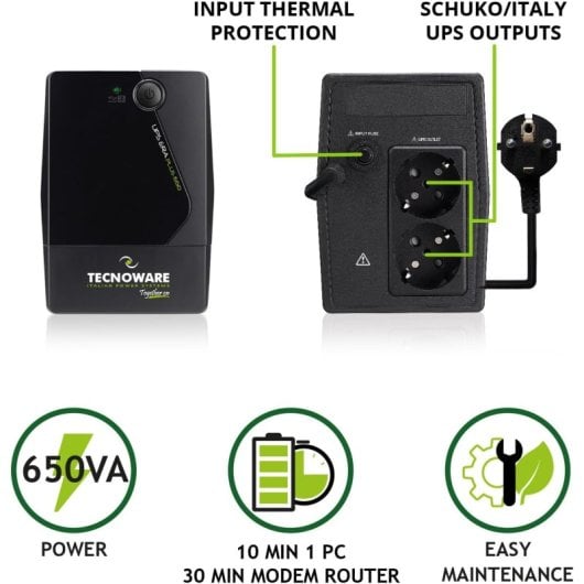Sai TECNOWARE 650VA Batería Plomo Ácido 10 Minutos AVR Plus Protección Silenciosa