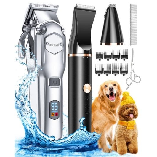 Oneisall Kit Cortapelos Perros y Mascotas 2 en 1 Inalámbrico IPX7 8 Peines Cuchillas Profesionales