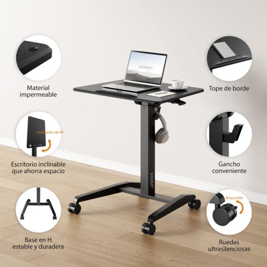 Escritorio Sense7 Móvil Altura Ajustable MDF 70x52cm Superficie Inclinable Ruedas Silenciosas