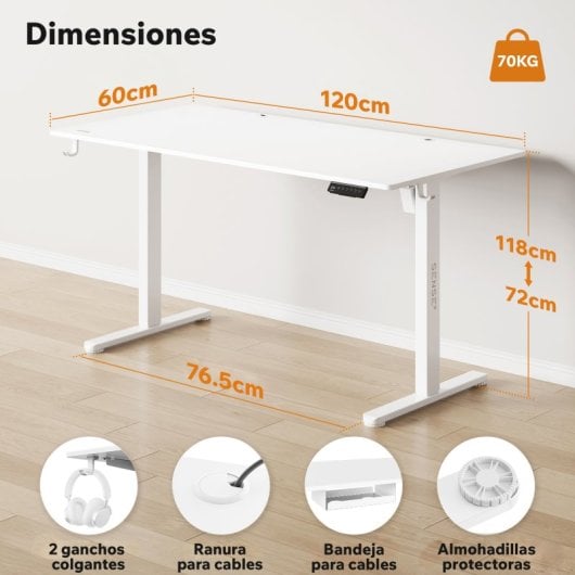 Escritorio Sense7 NOJO 120x60cm ajustable eléctrico 70kg acero MDF silencioso 3 memorias