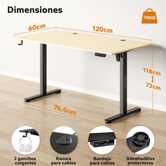 Escritorio Sense7 NOJO 120x60 cm eléctrico con altura ajustable, 70 kg, gestión de cables
