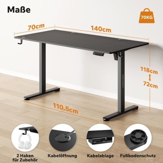 Escritorio eléctrico Sense7 NOJO 140x70cm, MDF 15mm, ajuste eléctrico 72-118cm, 80kg, anticolisión