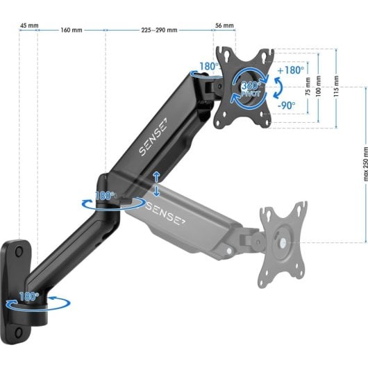 Brazo para monitor Sense7 HANG WALL ARM Negro, Montaje en pared, VESA, Gestión de cables