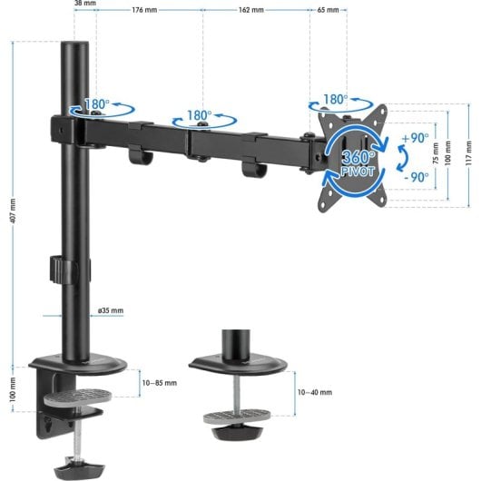 Brazo para monitor Sense7 FLOAT ARM negro VESA 75x75/100x100 hasta 32? 9kg gestión de cables