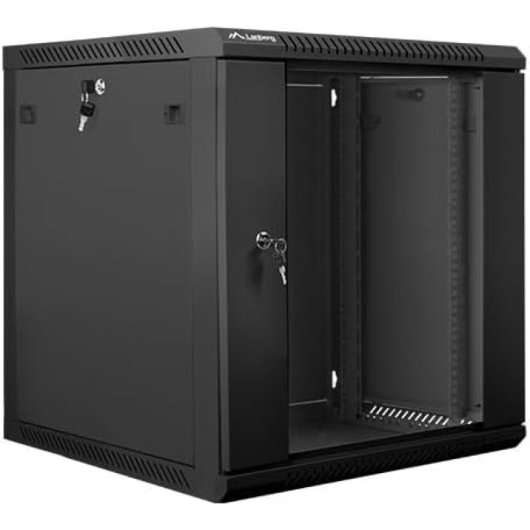 Armario rack Lanberg WF01-6612-10B 12U Mural 19" 60kg Cristal Templado Negro Autoensamblable