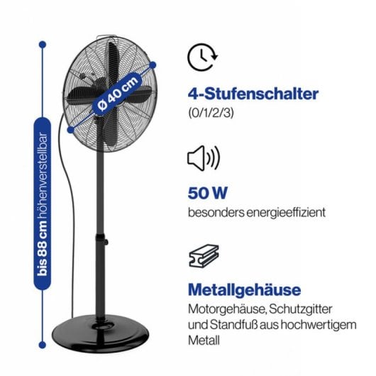 Ventilateur sur pied en métal ProfiCare VL 3064 MS BK 50 W 40 cm 3 vitesses oscillantes