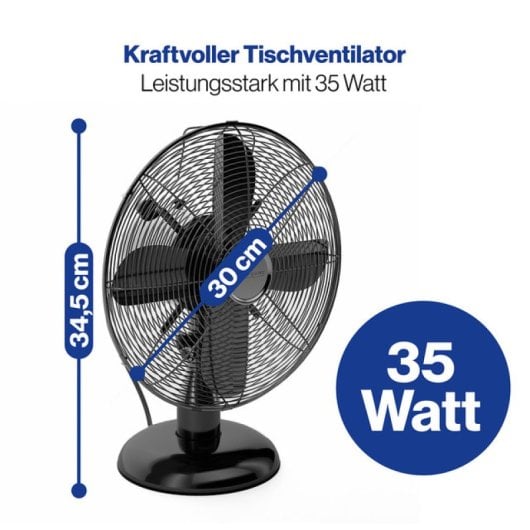 Ventilateur de table oscillant en métal ProfiCare VL 3063 BK 30 cm 35 W 3 vitesses