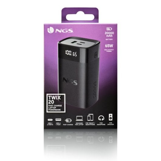 NGS TWIX 20 Externer Akku, 20000 mAh, 65 W, Power Delivery 3.0, PPS, Quick Charge 3.0, Schwarz