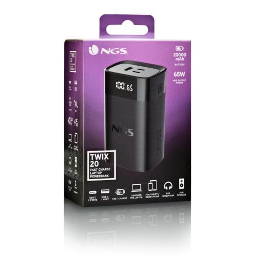 NGS TWIX 20 Externer Akku, 20000 mAh, 65 W, Power Delivery 3.0, PPS, Quick Charge 3.0, Schwarz
