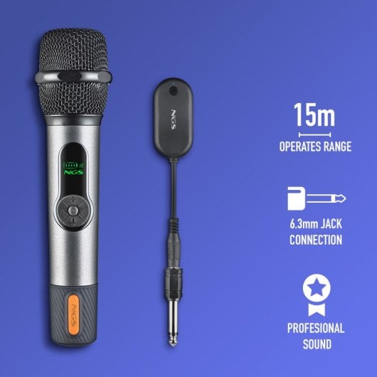 Micrófono NGS inalámbrico 2,4GHz dinámico con pantalla batería y receptor dual