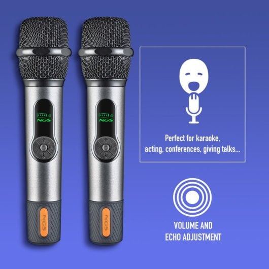 Micrófono NGS inalámbrico 2,4GHz dinámico con pantalla batería y receptor dual