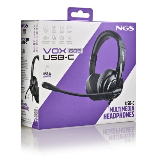 Auriculares NGS con cable USB-C y USB-A, micrófono flexible y filtrado de ruidos