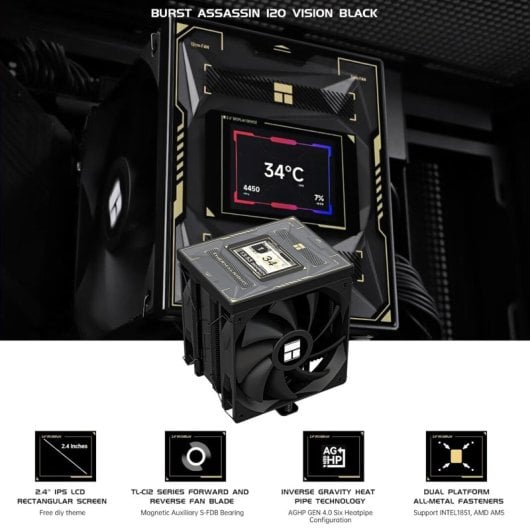 Thermalright Burst Assassin 120 Vision Black Cooler de CPU 120mm com Ecrã IPS para Sockets LGA1851/1700/AM5