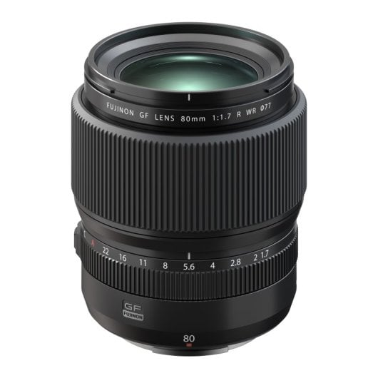 Lente preta Fujifilm 80mm F1.7 R WR para câmaras MILC, focagem automática, 9 lâminas de diafragma