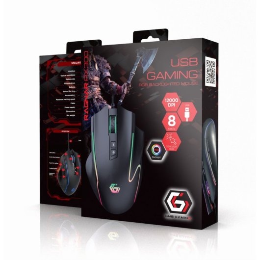 Gaming-Maus GEMBIRD MUSG-RAGNAR-RX300 12000 DPI RGB 8 Tasten Ergonomisch USB Schwarz