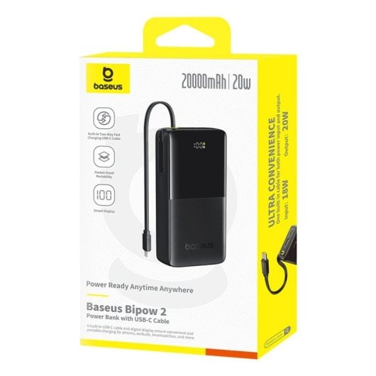 Baseus Bipow 2 Power Bank con Pantalla Digital y Cable USB-C Integrado 20000mAh 20W Negro