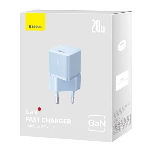 Carregador Baseus USB-C 20W Blue Power Delivery, Proteção Avançada, Europlug Compacto
