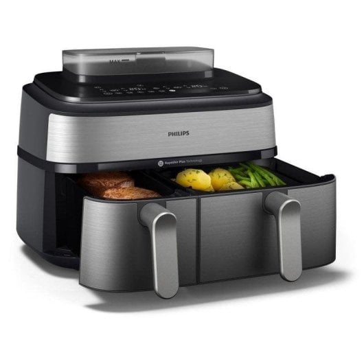 Heißluftfritteuse Philips NA555/00 9L 2750W Doppelkammer Rapid Air LED 12 Programme Silber