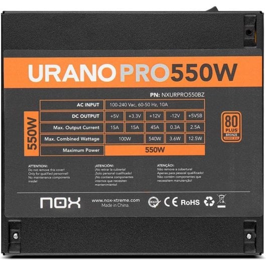 Nox Extreme Urano Pro Fonte de Alimentação 550W 80 Plus Bronze PFC Ativo