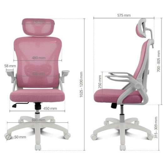 Bürostuhl Drift DRAIR35 Ergonomisch, Mesh Rückenlehne, Rosa, Höhenverstellbar, 120 kg, Nylon Basis