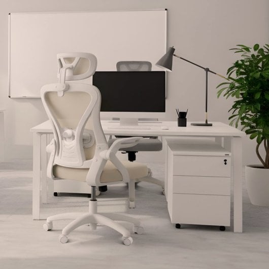 Silla ergonómica DRAIR35 estructura blanca, respaldo de malla, asiento gris, 120 kg
