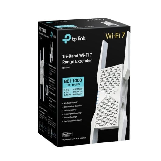 Extensor Wi-Fi TP-Link RE655BE tribanda BE11000 MLO 320?MHz 4K-QAM LAN 2.5G 4 antenas