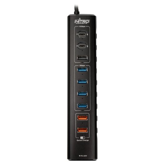 Nitro Concepts HUB 10-Port Hybrid HUB con USB-C  USB 3.1 y USB de Carga para Simulación Racing Negro